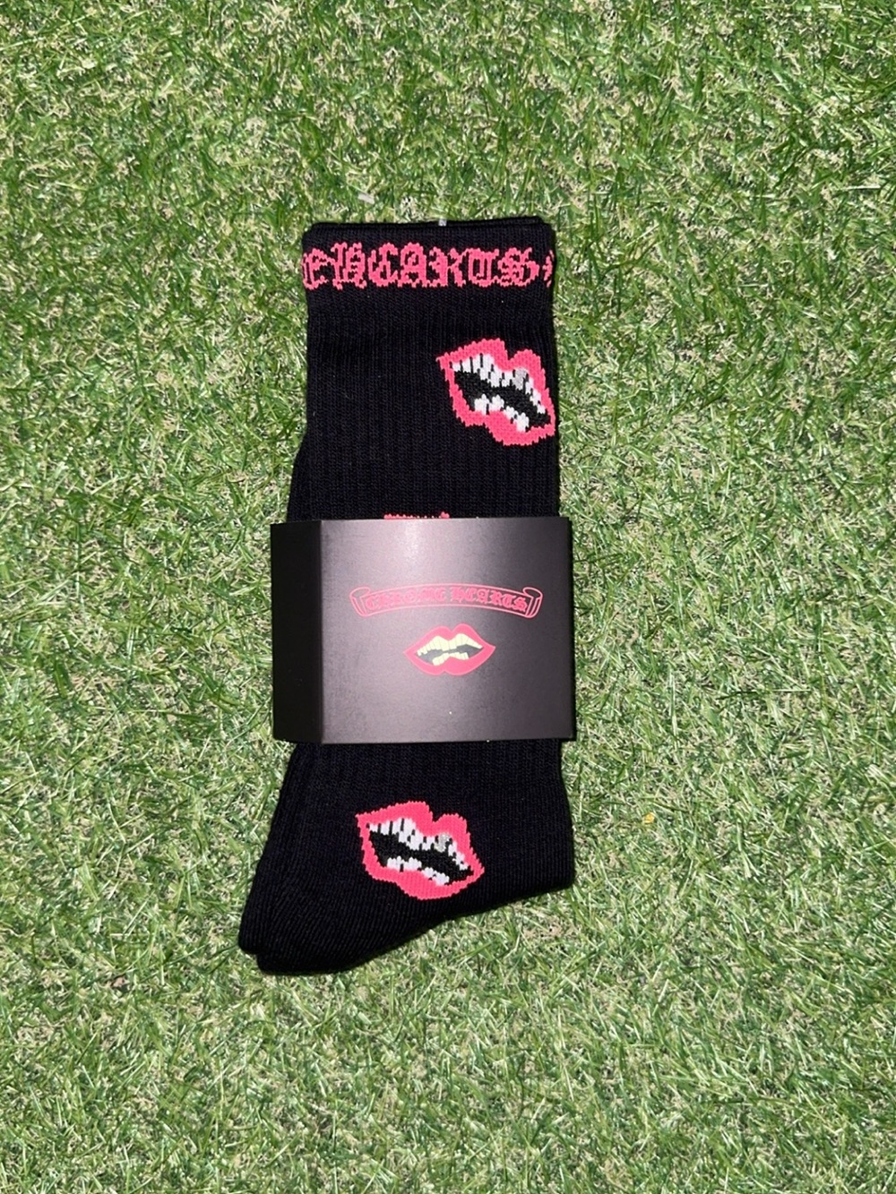 Chrome Hearts Black Crew Socks with Pink Lip Motif